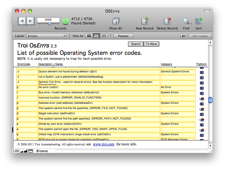 OSErrrs.fp7 screenshot with FileMaker Pro 11